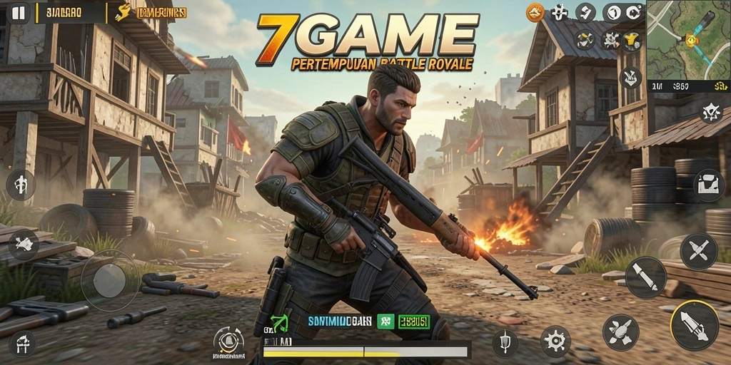 Tangkapan layar utama 7GAME menampilkan pertempuran intens dalam Battle Royale.